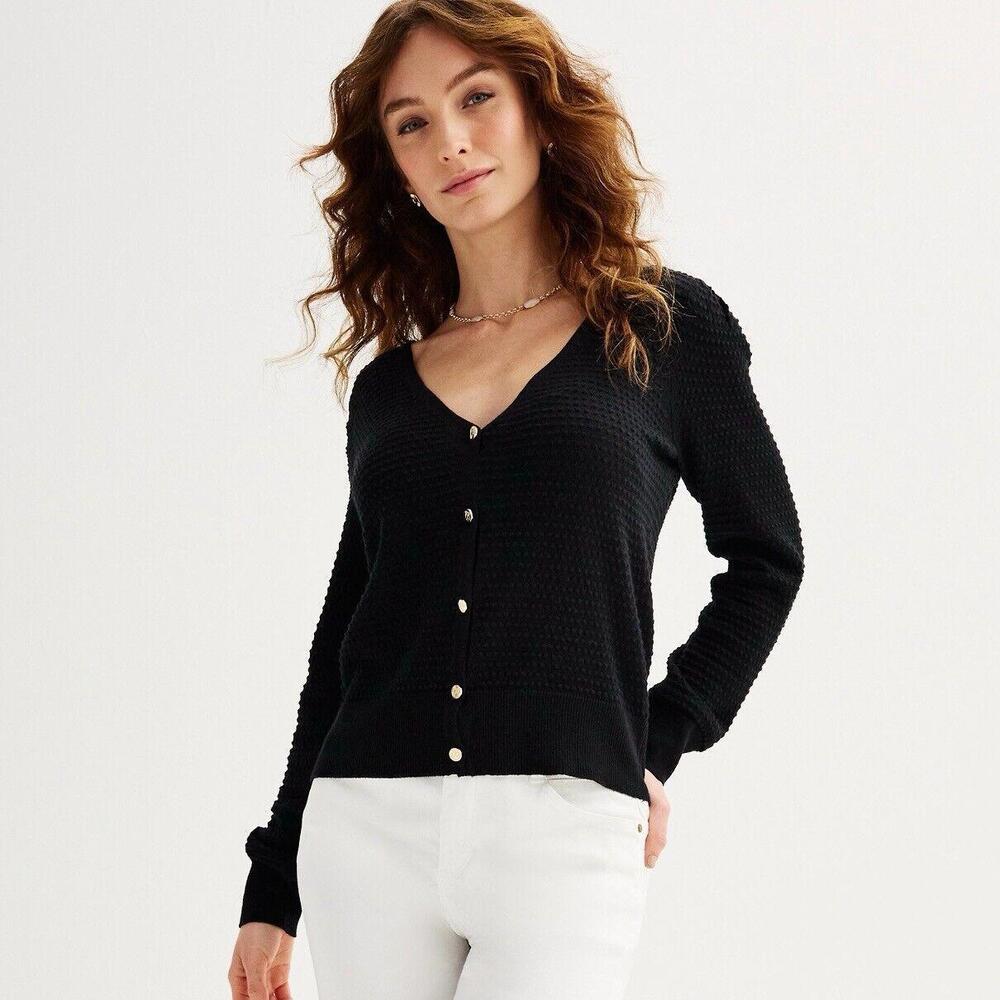 Draper James RSVP Womens Medium Black Gold Button Up V Neck Cardigan Sweater New - Picture 8 of 8